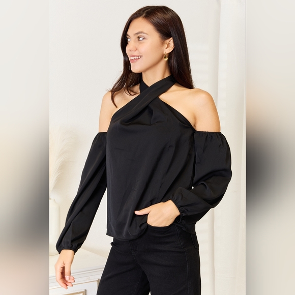 Double Take Designer Black Grecian Cold Shoulder Long Sleeve Blouse - Picture 3 of 5